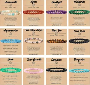 12 PCS 6mm Semi-Precious Gemstone Beaded Bracelets Natural Crystal Bracelets for Women Men, Round Gemstones Stretch Bracelet, Yoga Bracelets Jewelry Gifts