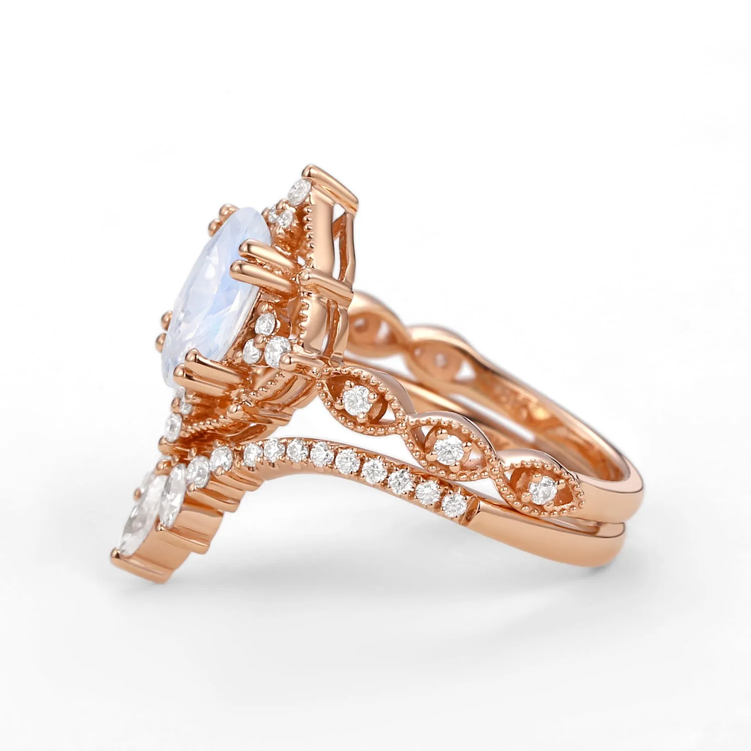 1.5ct Moonstone Signature Vintage Chevron Ring Set 2pcs