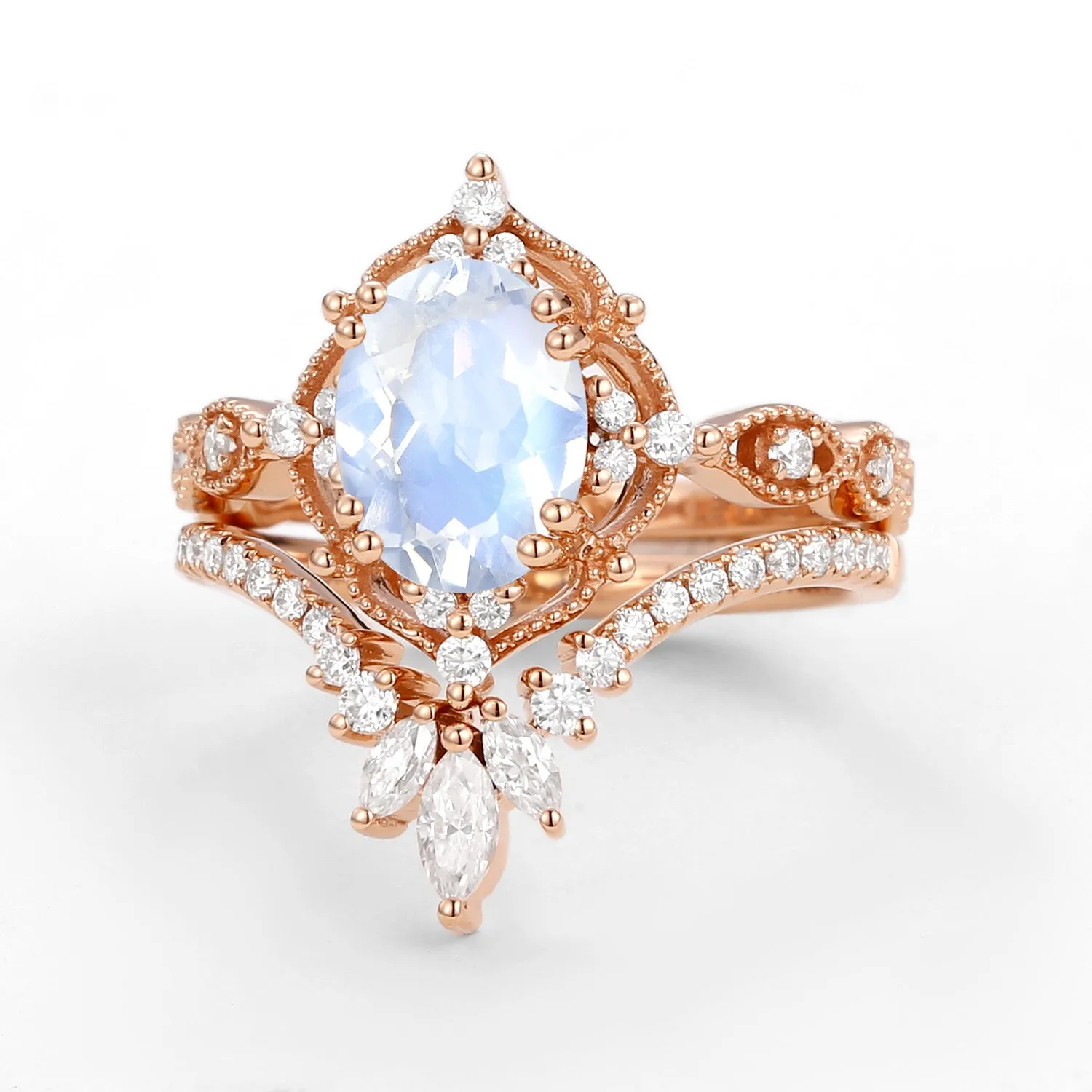 1.5ct Moonstone Signature Vintage Chevron Ring Set 2pcs
