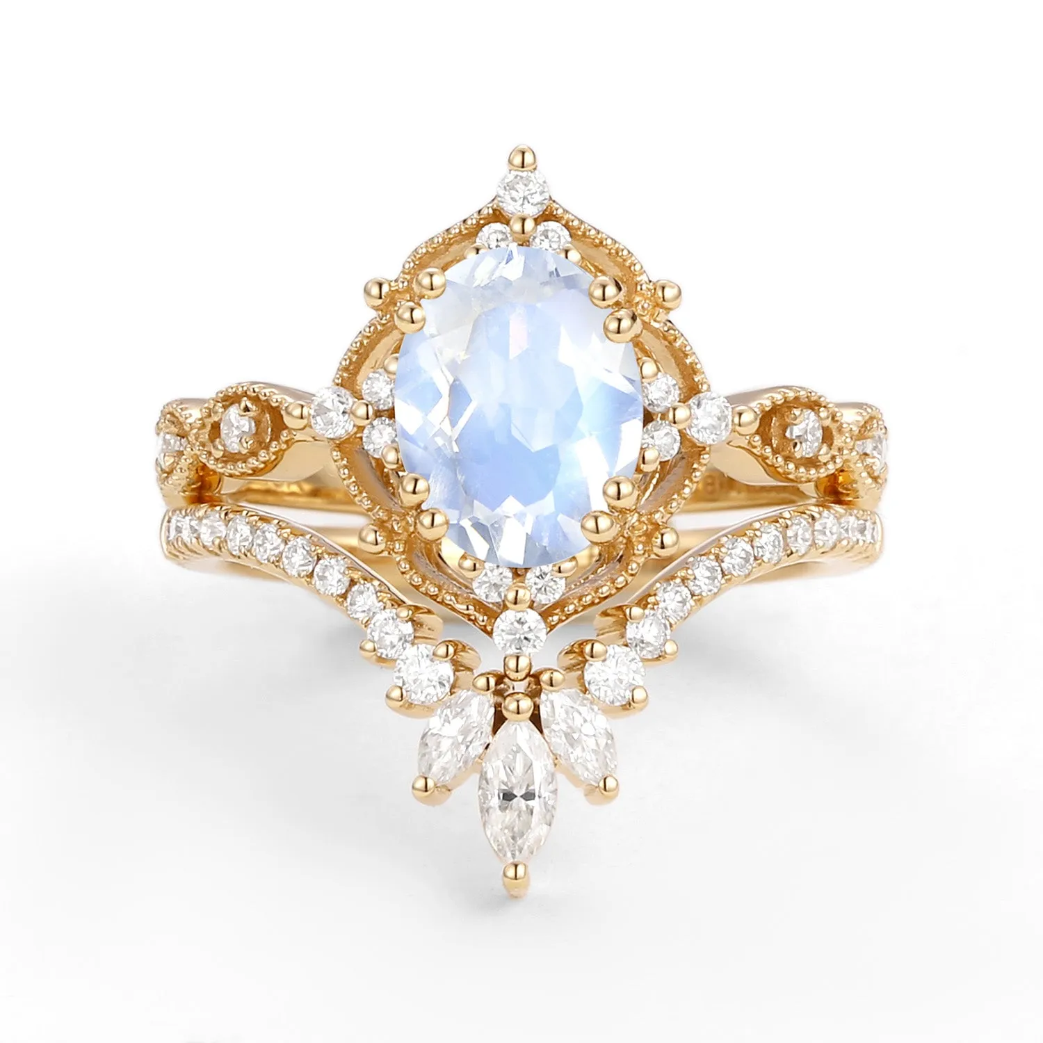 1.5ct Moonstone Signature Vintage Chevron Ring Set 2pcs