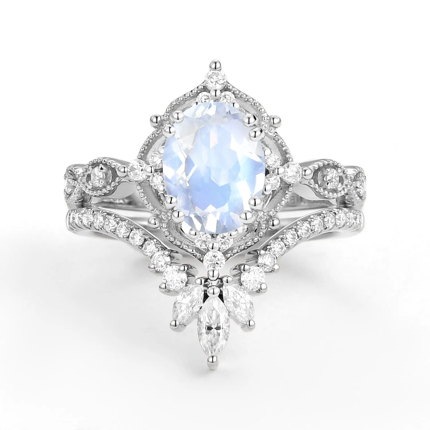 1.5ct Moonstone Signature Vintage Chevron Ring Set 2pcs