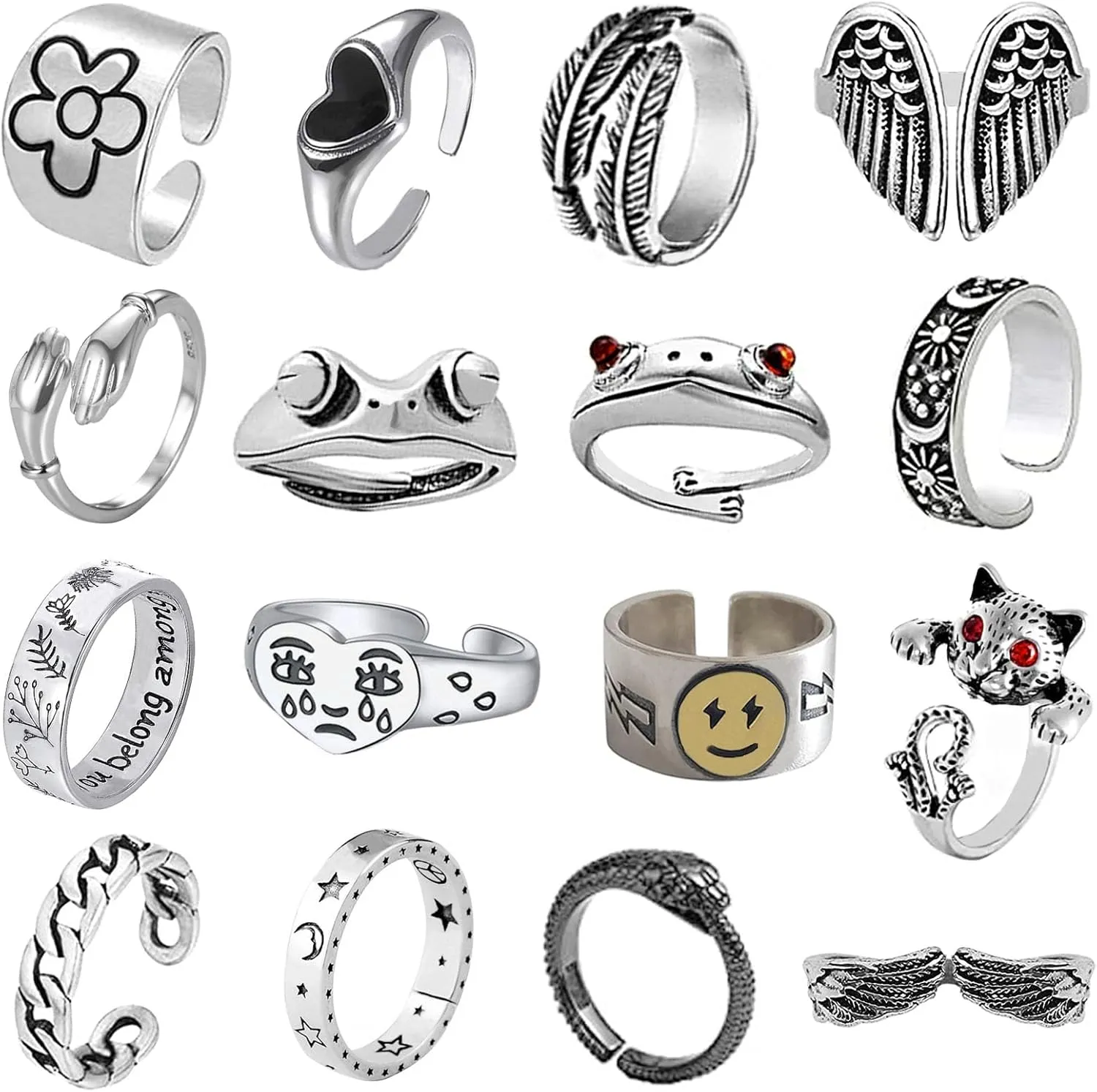 16 Pcs Cool Silver Plated Frog Open Rings Set, Vintage Matching Rings, Cute and Stylish, Snake, Hug, Moon and Sun Rings for Couples for Women Men