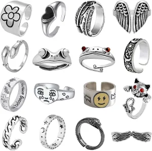 16 Pcs Cool Silver Plated Frog Open Rings Set, Vintage Matching Rings, Cute and Stylish, Snake, Hug, Moon and Sun Rings for Couples for Women Men