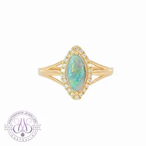 18kt Yellow Gold marquise shape cluster and Black Opal ring