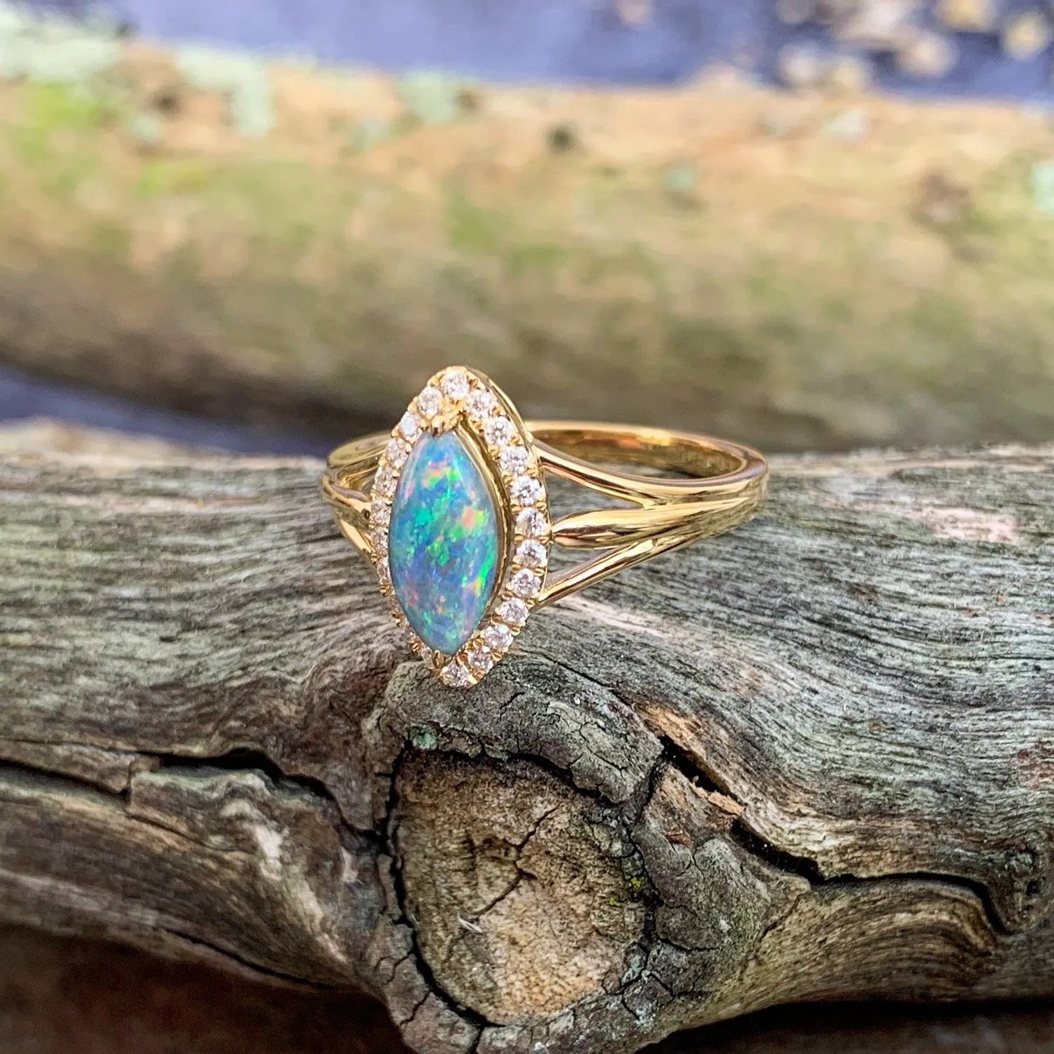 18kt Yellow Gold marquise shape cluster and Black Opal ring