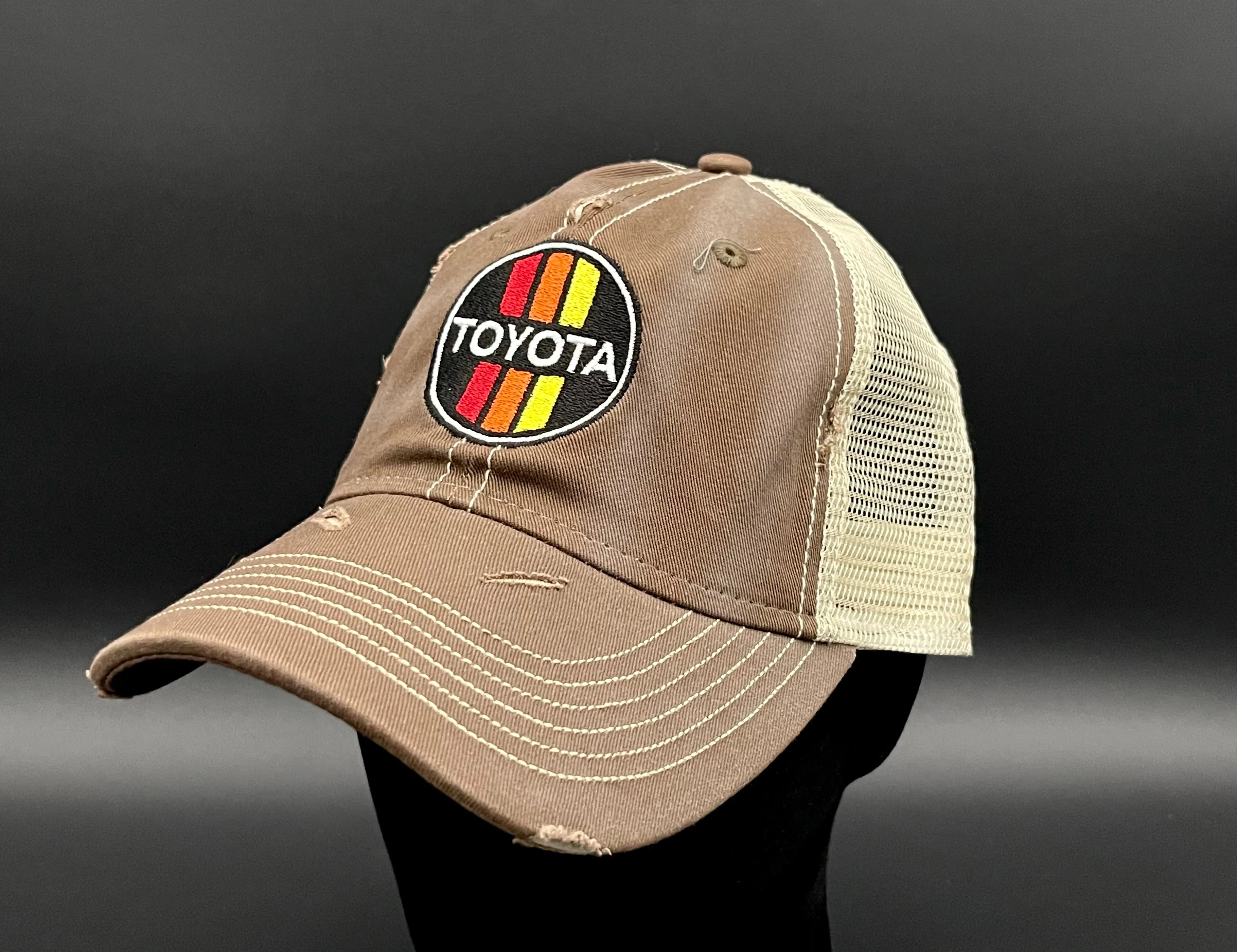 3 Stripe Toyota Embroidered Unstructured Distressed Trucker Hat - Reefmonkey