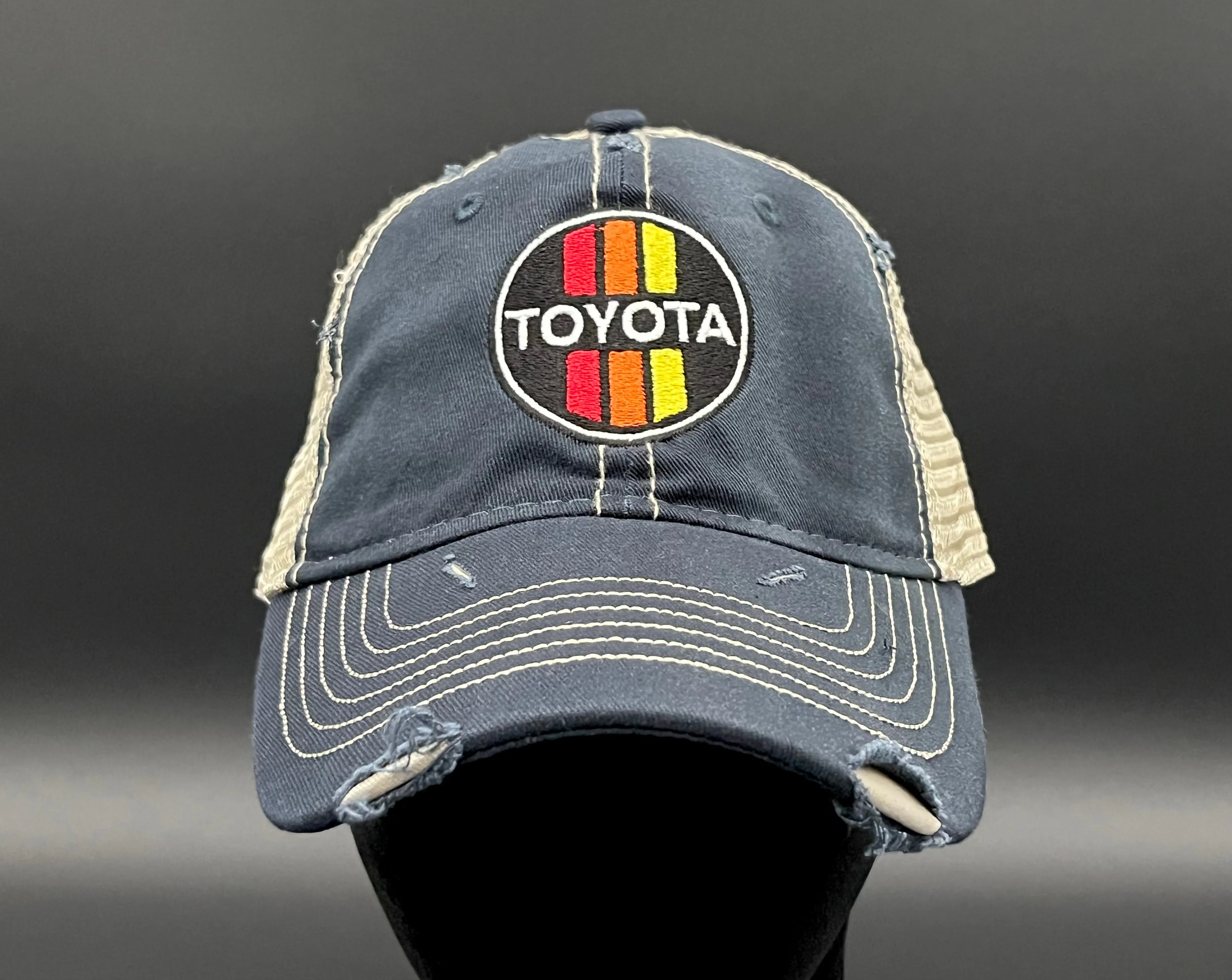3 Stripe Toyota Embroidered Unstructured Distressed Trucker Hat - Reefmonkey