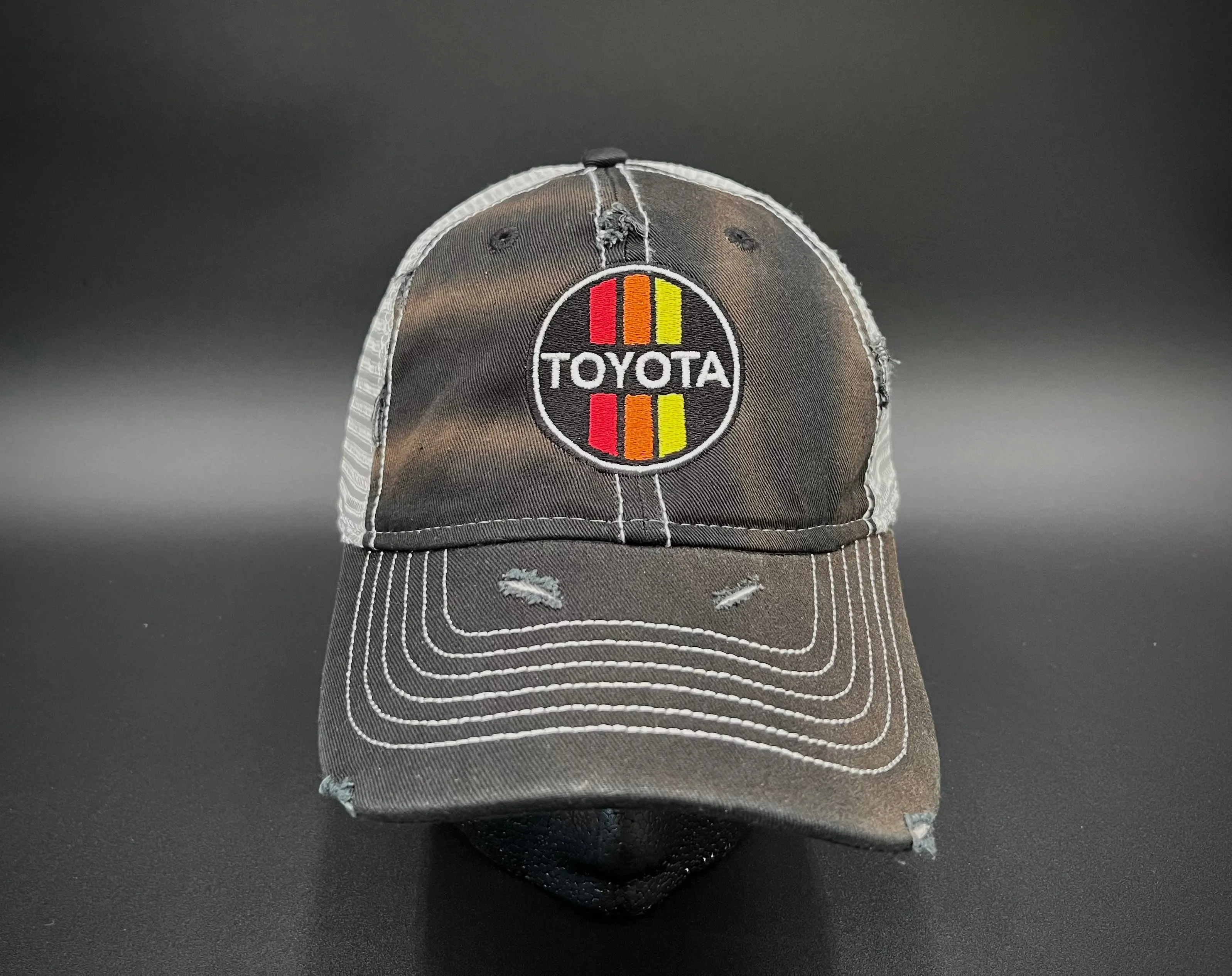 3 Stripe Toyota Embroidered Unstructured Distressed Trucker Hat - Reefmonkey