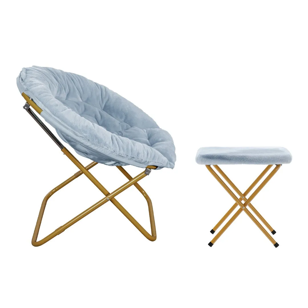 38" Oversize Portable Faux Fur Folding Saucer Moon Chair with Folding Ottoman for Dorm and Bedroom, Dusty Aqua Faux Fur/Soft Gold Frame