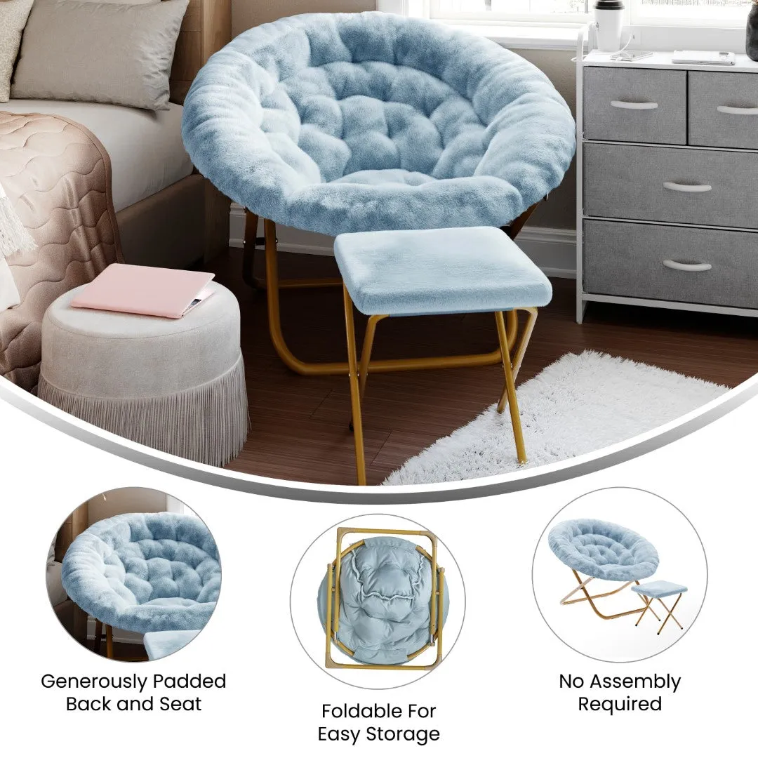 38" Oversize Portable Faux Fur Folding Saucer Moon Chair with Folding Ottoman for Dorm and Bedroom, Dusty Aqua Faux Fur/Soft Gold Frame
