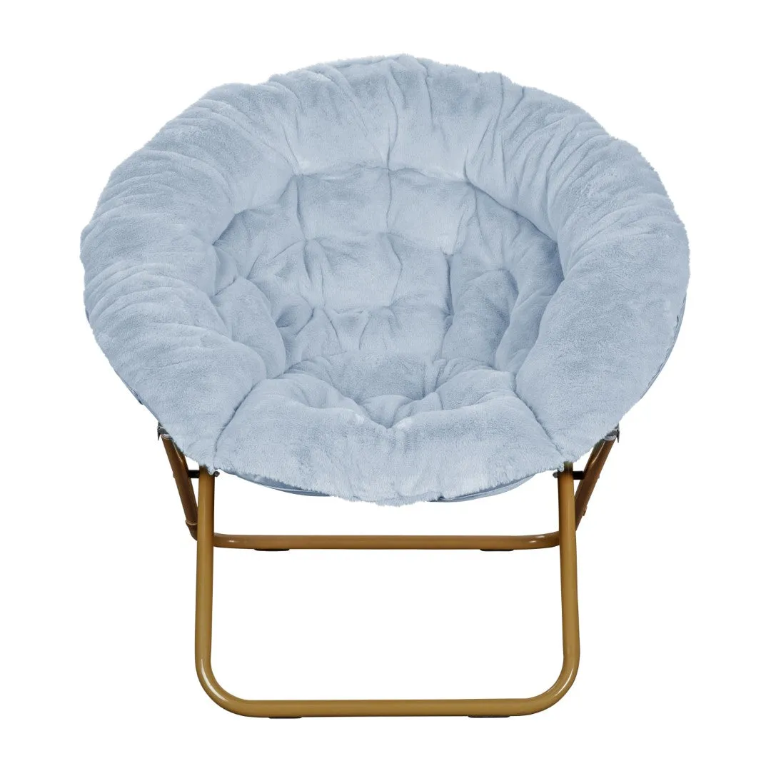 38" Oversize Portable Faux Fur Folding Saucer Moon Chair with Folding Ottoman for Dorm and Bedroom, Dusty Aqua Faux Fur/Soft Gold Frame