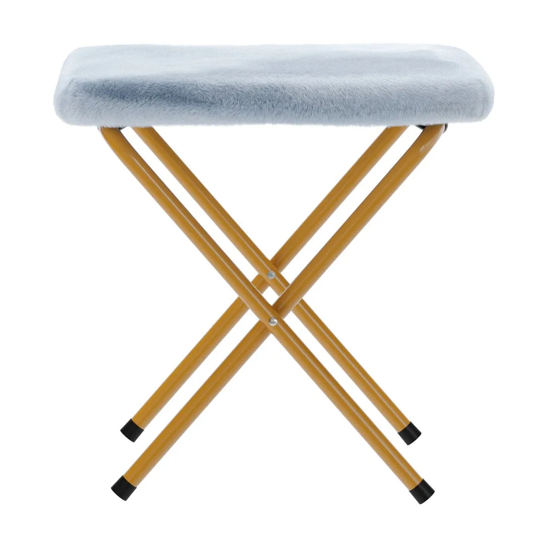 38" Oversize Portable Faux Fur Folding Saucer Moon Chair with Folding Ottoman for Dorm and Bedroom, Dusty Aqua Faux Fur/Soft Gold Frame