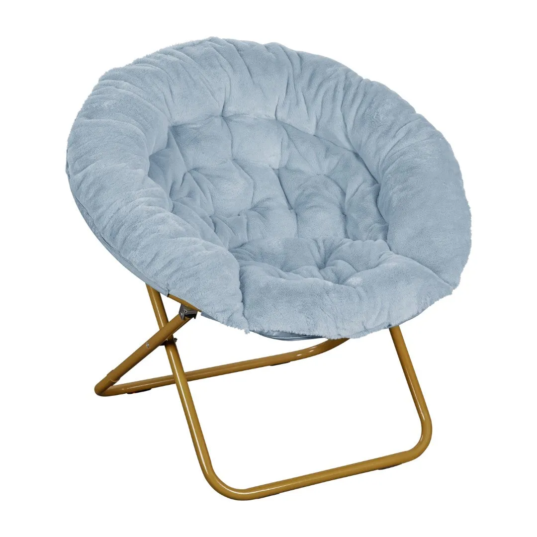 38" Oversize Portable Faux Fur Folding Saucer Moon Chair with Folding Ottoman for Dorm and Bedroom, Dusty Aqua Faux Fur/Soft Gold Frame