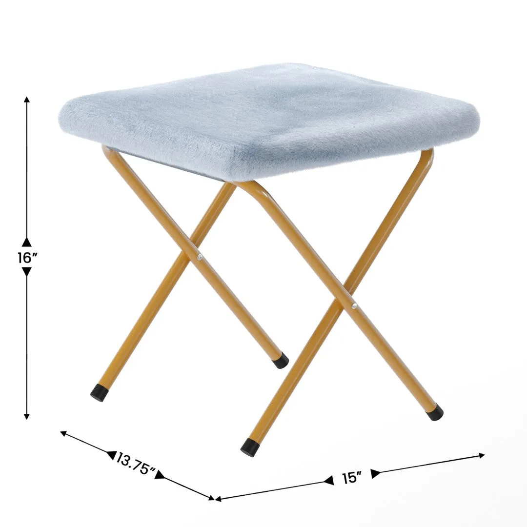 38" Oversize Portable Faux Fur Folding Saucer Moon Chair with Folding Ottoman for Dorm and Bedroom, Dusty Aqua Faux Fur/Soft Gold Frame