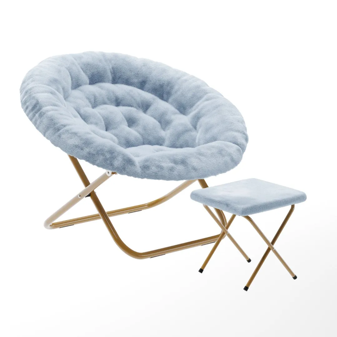 38" Oversize Portable Faux Fur Folding Saucer Moon Chair with Folding Ottoman for Dorm and Bedroom, Dusty Aqua Faux Fur/Soft Gold Frame
