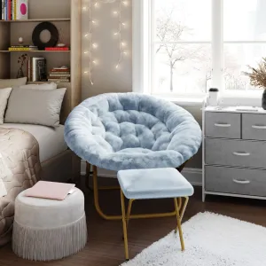38" Oversize Portable Faux Fur Folding Saucer Moon Chair with Folding Ottoman for Dorm and Bedroom, Dusty Aqua Faux Fur/Soft Gold Frame