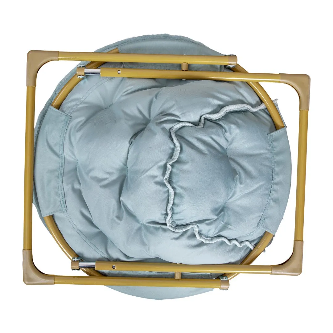 38" Oversize Portable Faux Fur Folding Saucer Moon Chair with Folding Ottoman for Dorm and Bedroom, Dusty Aqua Faux Fur/Soft Gold Frame