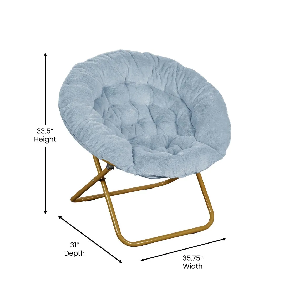 38" Oversize Portable Faux Fur Folding Saucer Moon Chair with Folding Ottoman for Dorm and Bedroom, Dusty Aqua Faux Fur/Soft Gold Frame