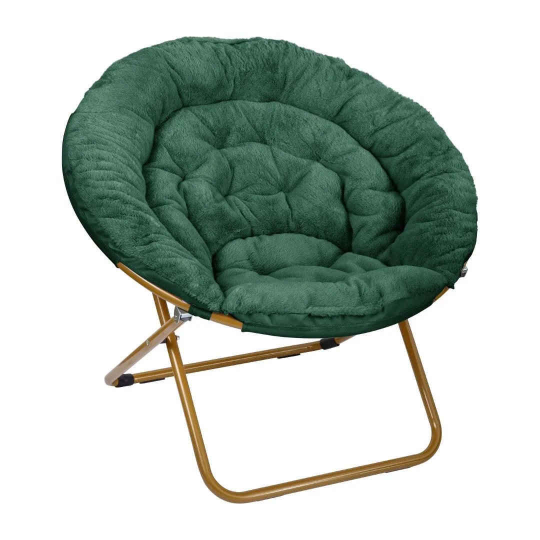 38" Oversize Portable Faux Fur Folding Saucer Moon Chair with Folding Ottoman for Dorm and Bedroom, Emerald Faux Fur/Soft Gold Frame