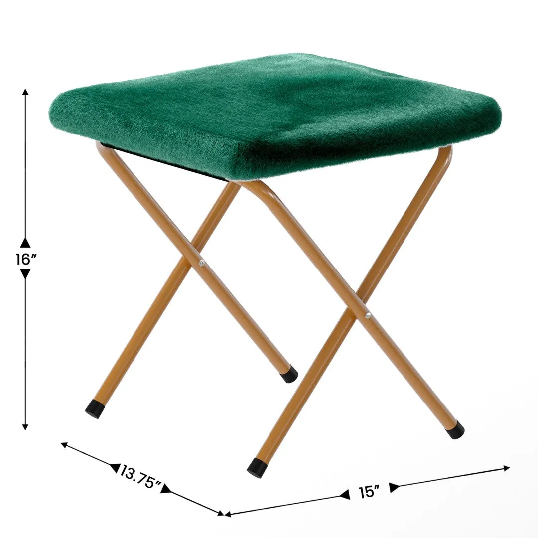 38" Oversize Portable Faux Fur Folding Saucer Moon Chair with Folding Ottoman for Dorm and Bedroom, Emerald Faux Fur/Soft Gold Frame