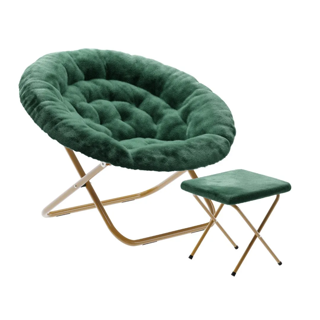 38" Oversize Portable Faux Fur Folding Saucer Moon Chair with Folding Ottoman for Dorm and Bedroom, Emerald Faux Fur/Soft Gold Frame