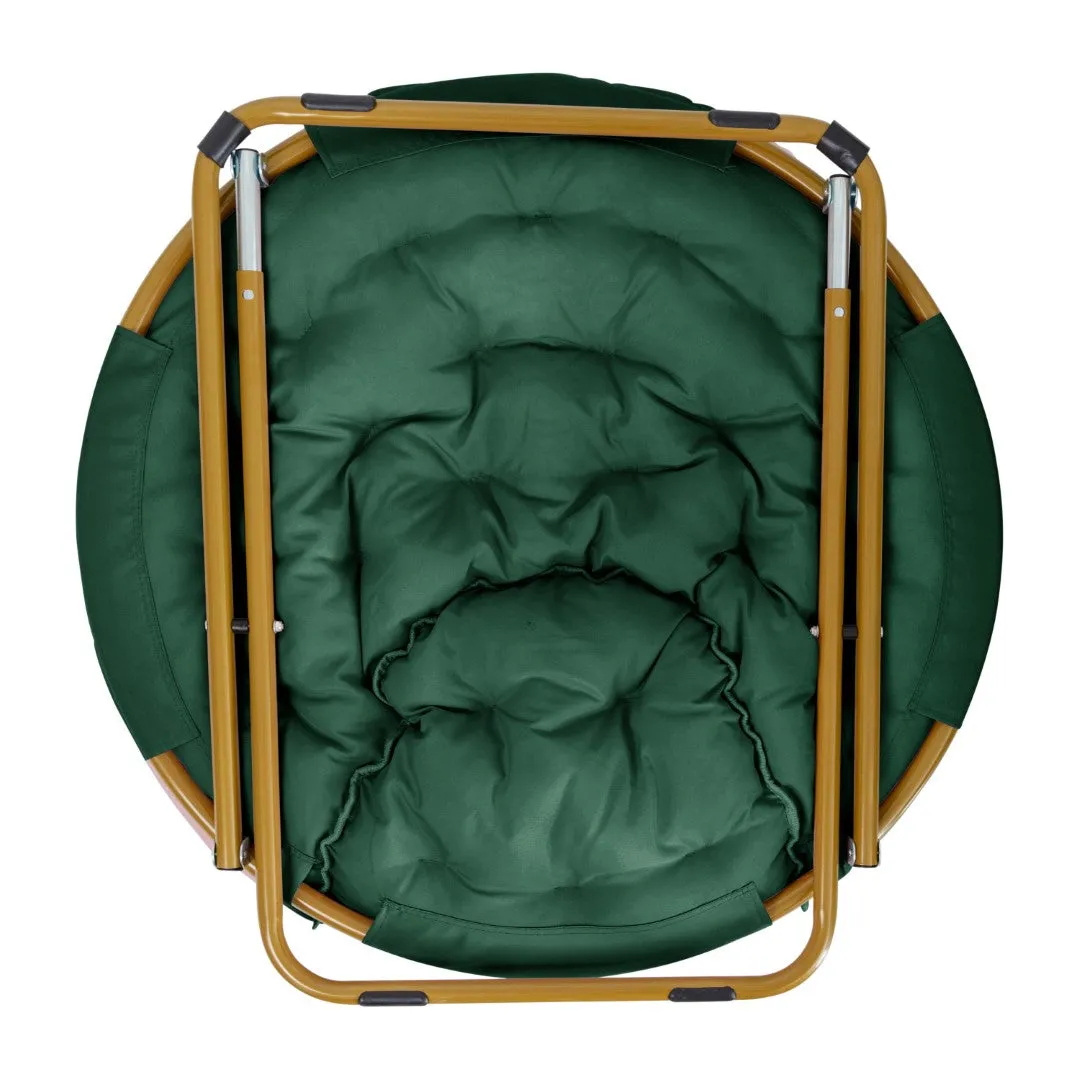 38" Oversize Portable Faux Fur Folding Saucer Moon Chair with Folding Ottoman for Dorm and Bedroom, Emerald Faux Fur/Soft Gold Frame