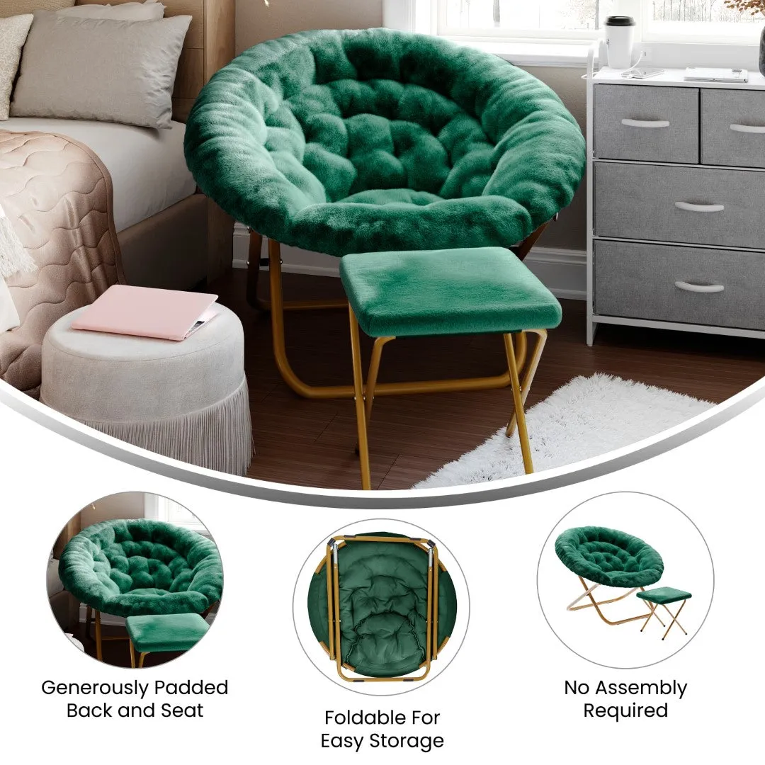 38" Oversize Portable Faux Fur Folding Saucer Moon Chair with Folding Ottoman for Dorm and Bedroom, Emerald Faux Fur/Soft Gold Frame