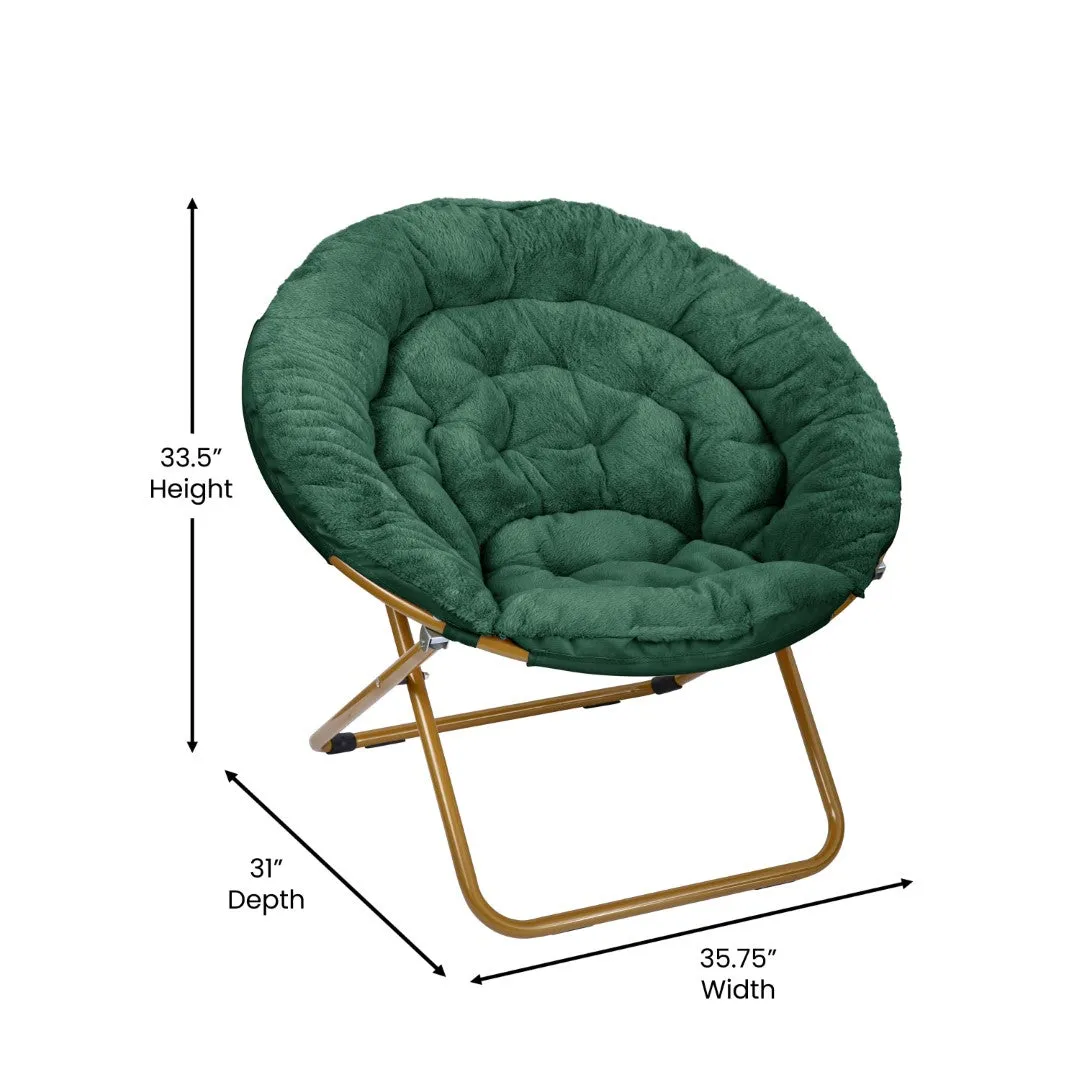 38" Oversize Portable Faux Fur Folding Saucer Moon Chair with Folding Ottoman for Dorm and Bedroom, Emerald Faux Fur/Soft Gold Frame