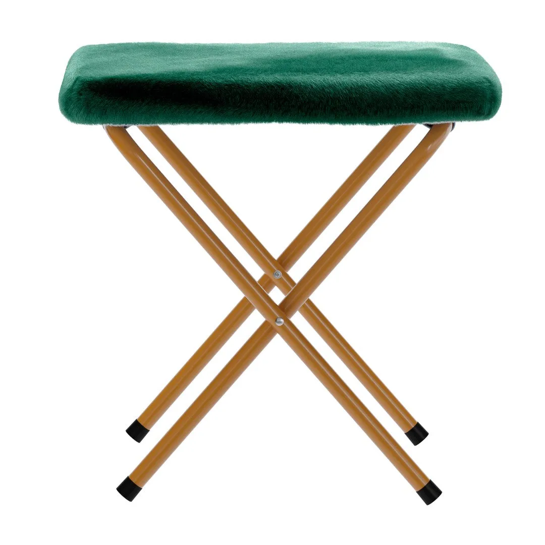 38" Oversize Portable Faux Fur Folding Saucer Moon Chair with Folding Ottoman for Dorm and Bedroom, Emerald Faux Fur/Soft Gold Frame