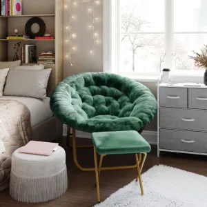 38" Oversize Portable Faux Fur Folding Saucer Moon Chair with Folding Ottoman for Dorm and Bedroom, Emerald Faux Fur/Soft Gold Frame
