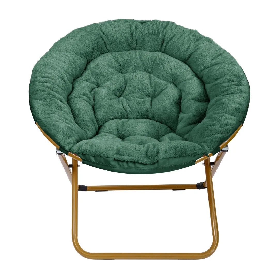 38" Oversize Portable Faux Fur Folding Saucer Moon Chair with Folding Ottoman for Dorm and Bedroom, Emerald Faux Fur/Soft Gold Frame