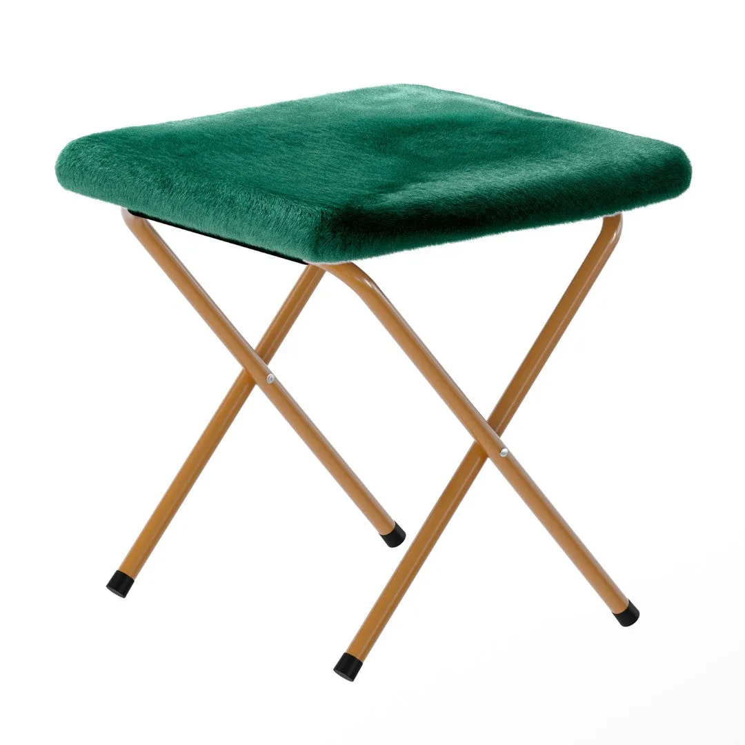 38" Oversize Portable Faux Fur Folding Saucer Moon Chair with Folding Ottoman for Dorm and Bedroom, Emerald Faux Fur/Soft Gold Frame