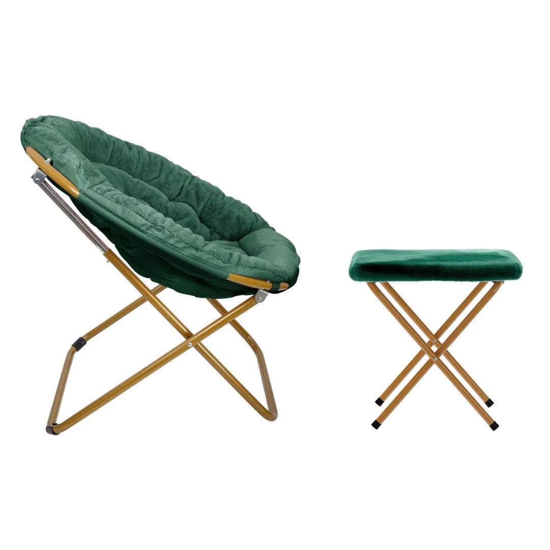 38" Oversize Portable Faux Fur Folding Saucer Moon Chair with Folding Ottoman for Dorm and Bedroom, Emerald Faux Fur/Soft Gold Frame