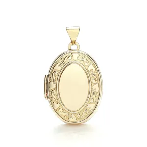 9ct Gold Women's Oval Locket, Hand Engraved Detailing, 28mm, Chain Options 16" - 20", Gift box included