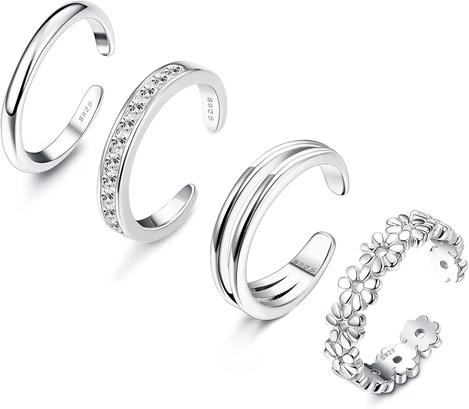 ADRAMATA 4 Pcs 925 Sterling Silver Toe Rings for Women Open Adjustable Band Rings Jewelry Set