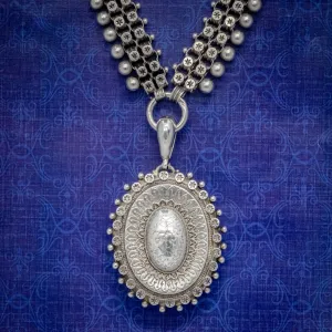 ANTIQUE VICTORIAN LOCKET COLLAR SILVER NECKLACE CIRCA 1880