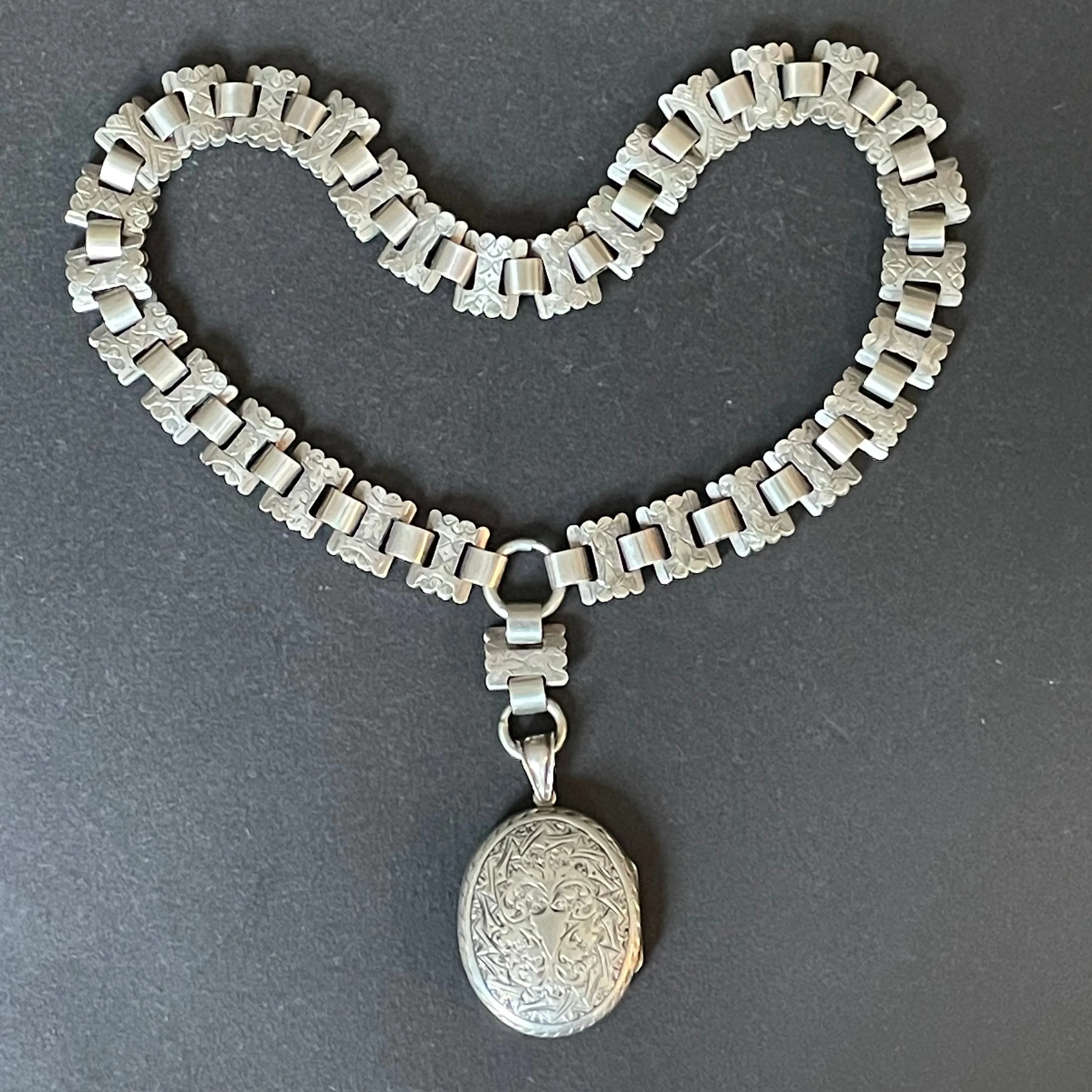 Antique Victorian sterling silver (tested) heavy book chain necklace with large oval locket, beautiful engraving