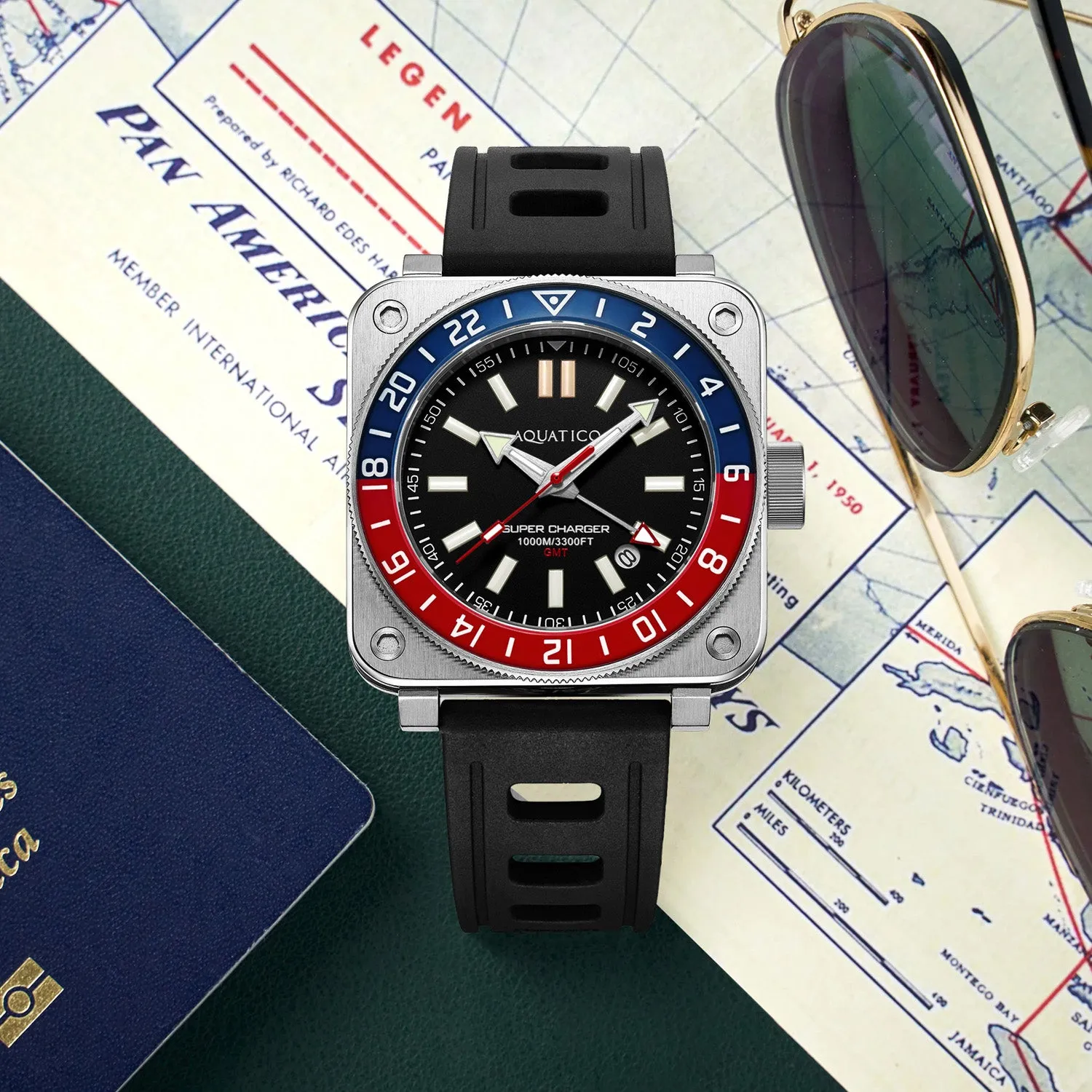 Aquatico Steel Man GMT Watch (Black Dial Pepsi Bezel)