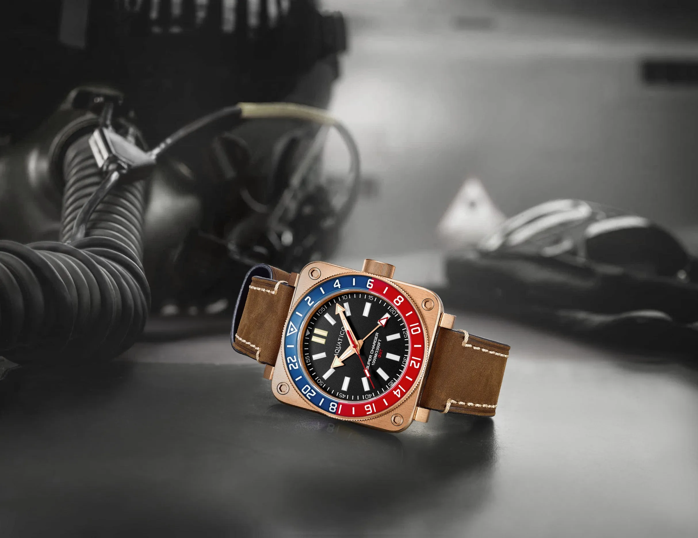 Aquatico Super Charger GMT Watch (Black Dial Pepsi Bezel) NO DATE