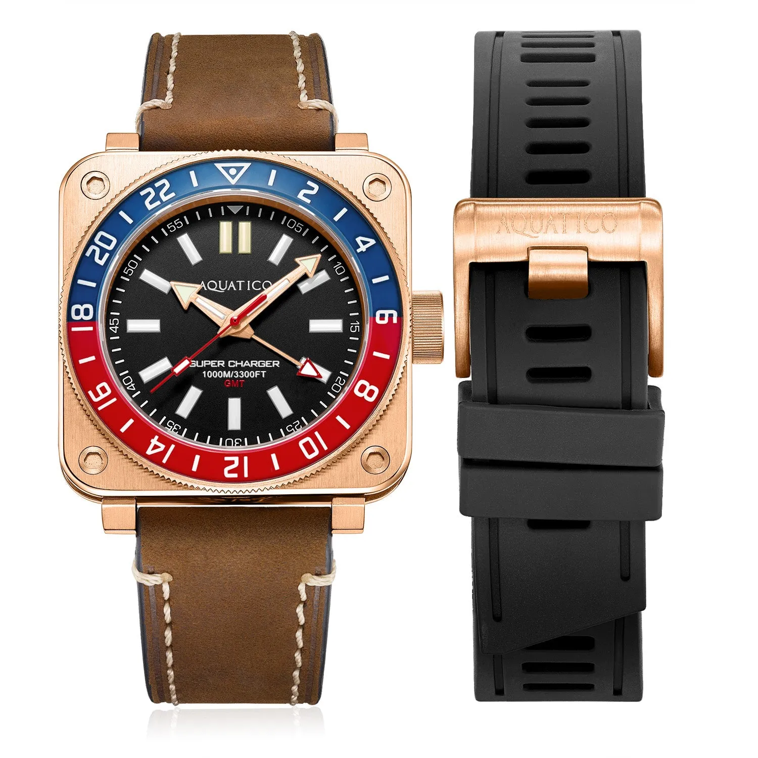 Aquatico Super Charger GMT Watch (Black Dial Pepsi Bezel) NO DATE