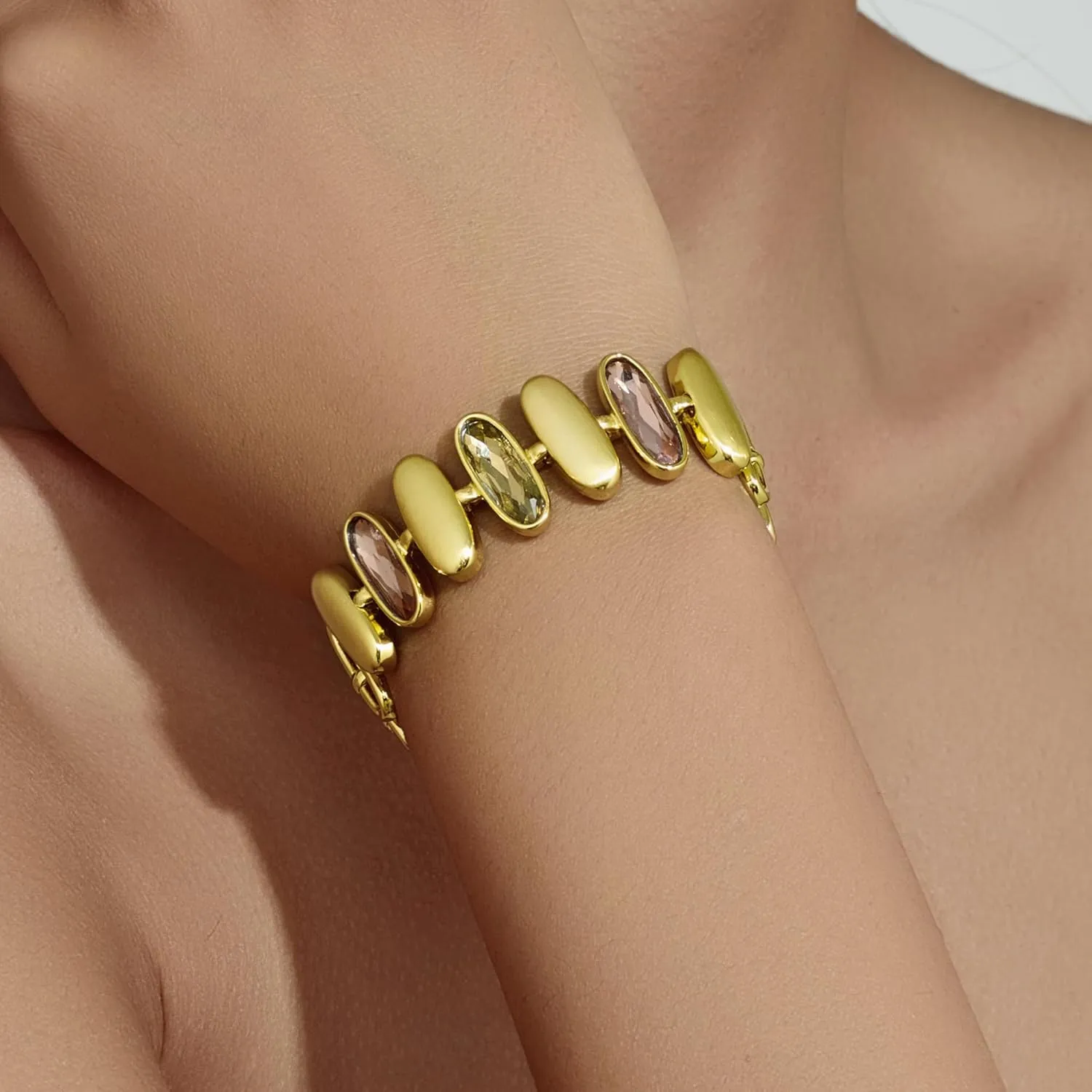 Colorful Gemstones Bracelets for Women, 14k Gold Plated Fashion simple Adjustable Oval Link Bracelet