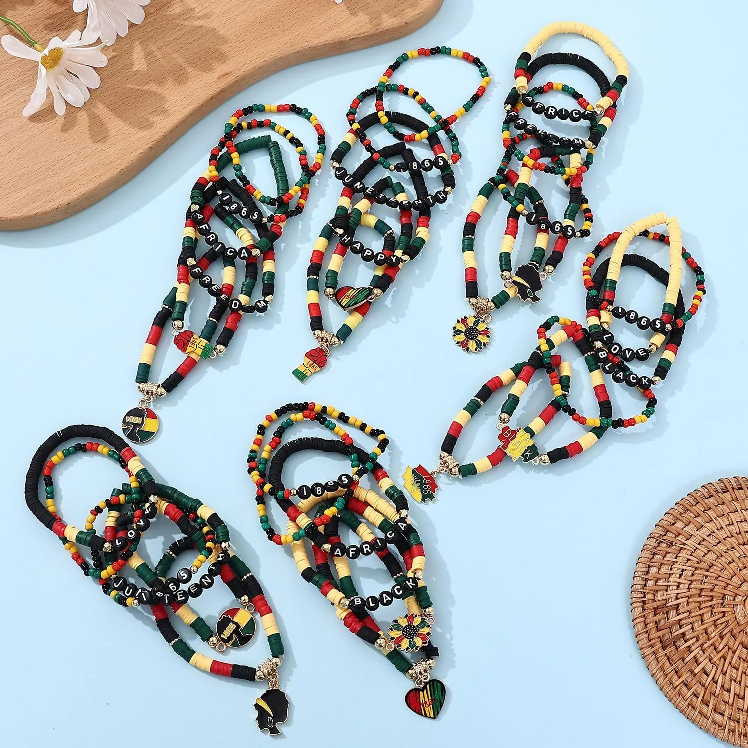 Cooluckday 36 Pcs Holiday Bracelets for Women Teen Girls Gifts Easter Mother's Day Christmas St. Patrick's Day Mardi Gras Bracelets Stackable Stretch Friendship Bracelets Set
