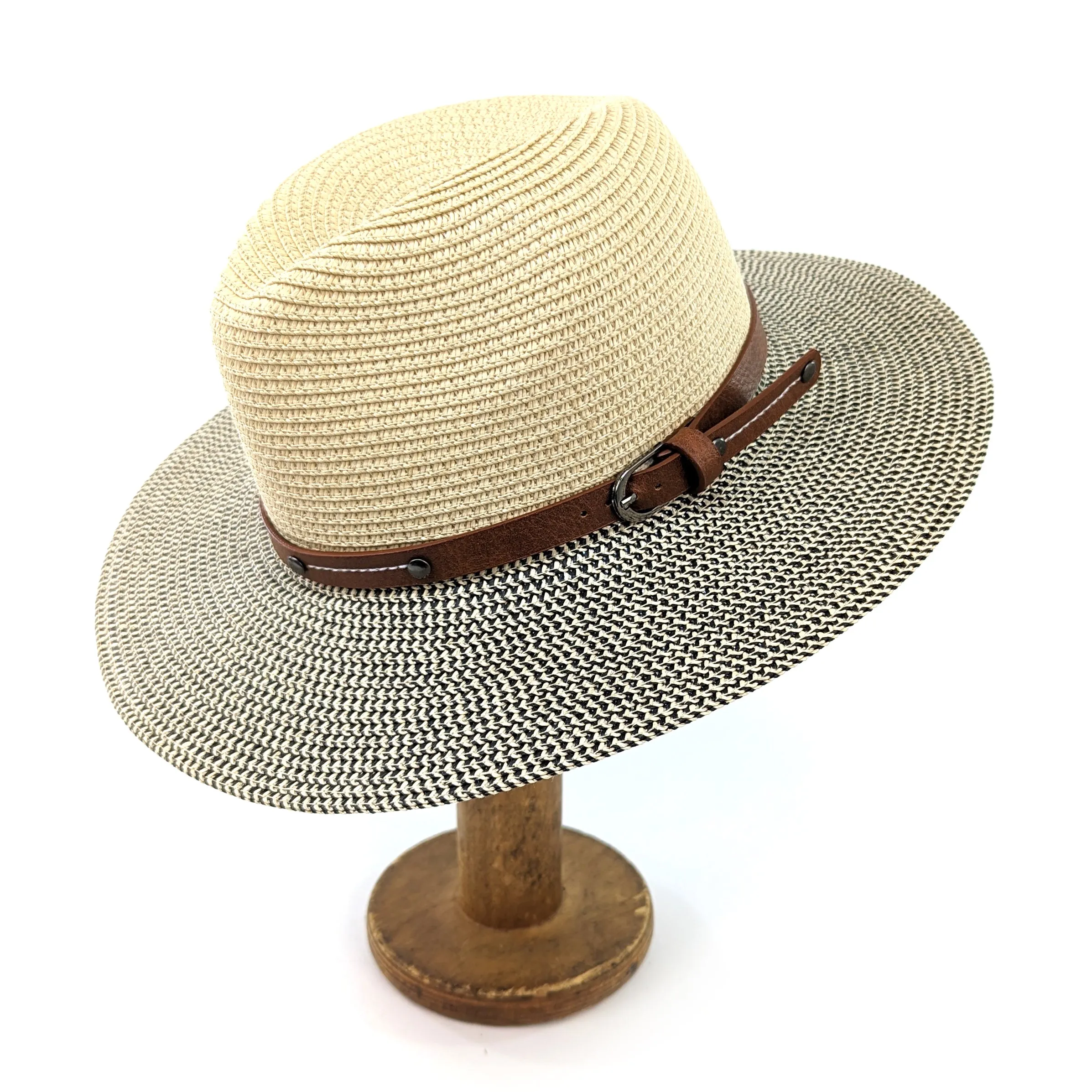 Folding Panama Style Travel Sun Hat - Mottled/Natural with Belt (61cm)