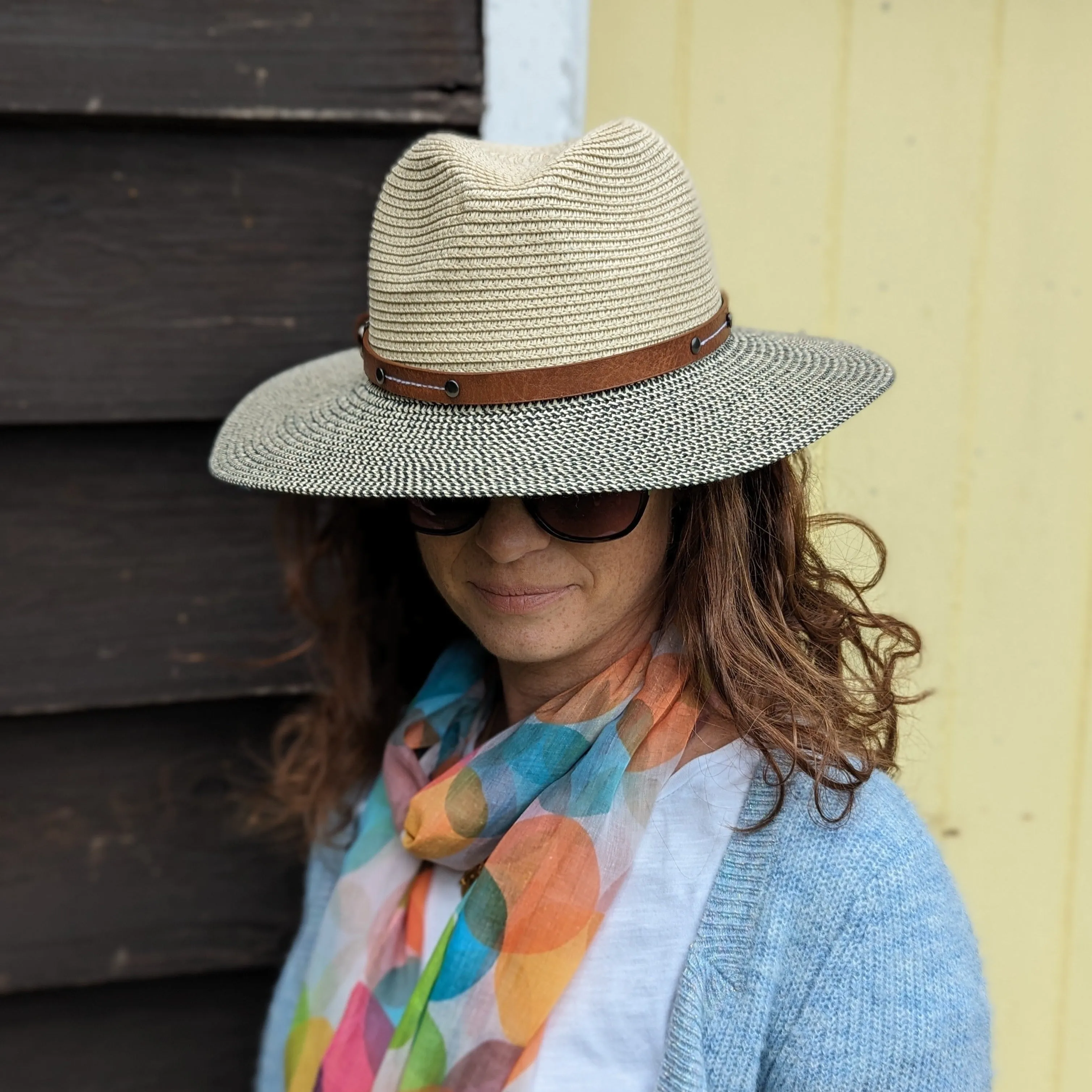 Folding Panama Style Travel Sun Hat - Mottled/Natural with Belt (61cm)