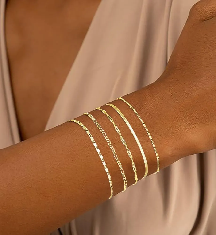 Gold Bracelets Set for Women Trendy, 14K Real Gold Plated Jewelry for Women Dainty Chain Bracelet Stack, Non Tarnish Gold Stackable Bracelets Pack Fashion Accessories Gifts