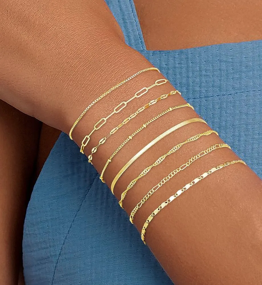 Gold Bracelets Set for Women Trendy, 14K Real Gold Plated Jewelry for Women Dainty Chain Bracelet Stack, Non Tarnish Gold Stackable Bracelets Pack Fashion Accessories Gifts