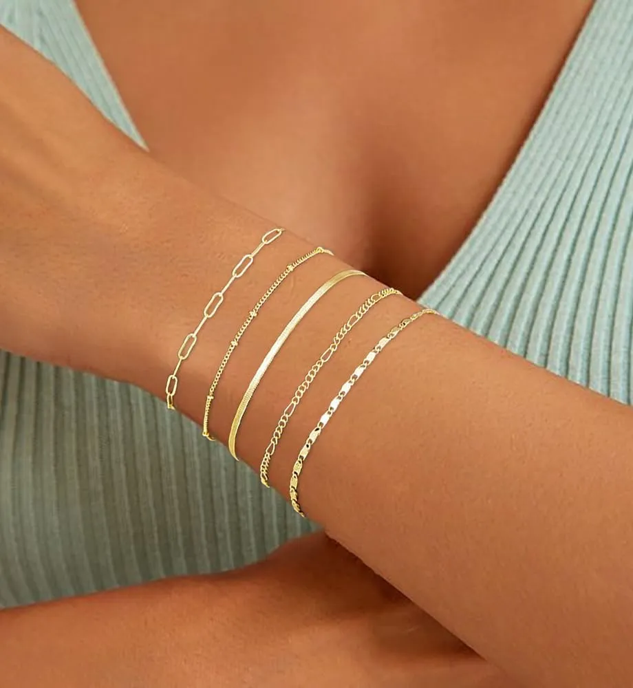 Gold Bracelets Set for Women Trendy, 14K Real Gold Plated Jewelry for Women Dainty Chain Bracelet Stack, Non Tarnish Gold Stackable Bracelets Pack Fashion Accessories Gifts