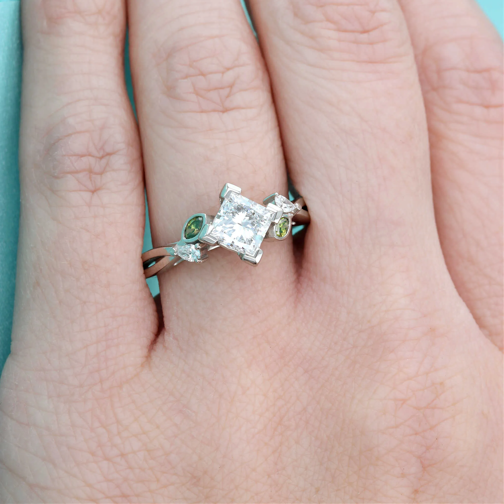 Green Diamond & Princess Cut Diamond Engagement Ring