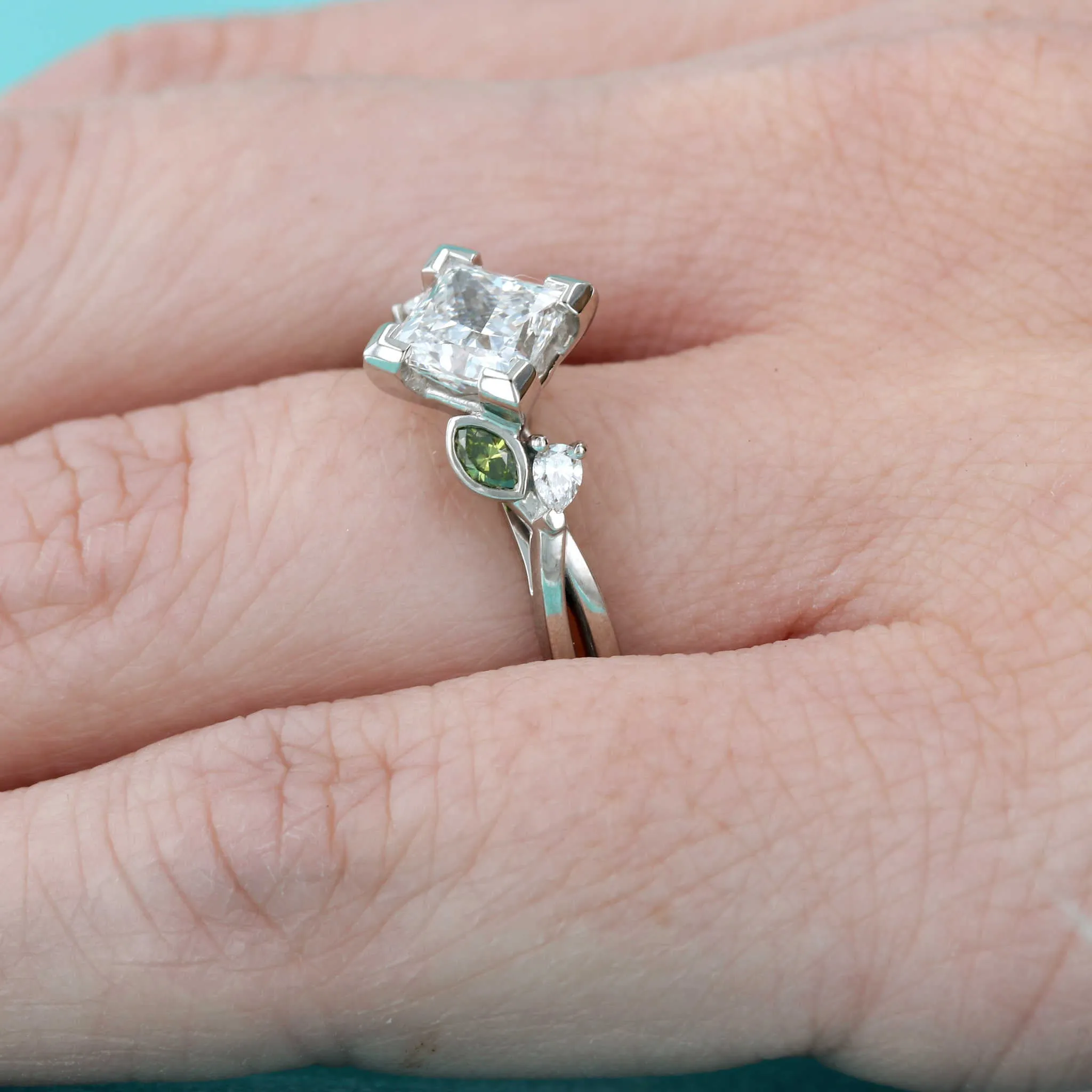Green Diamond & Princess Cut Diamond Engagement Ring