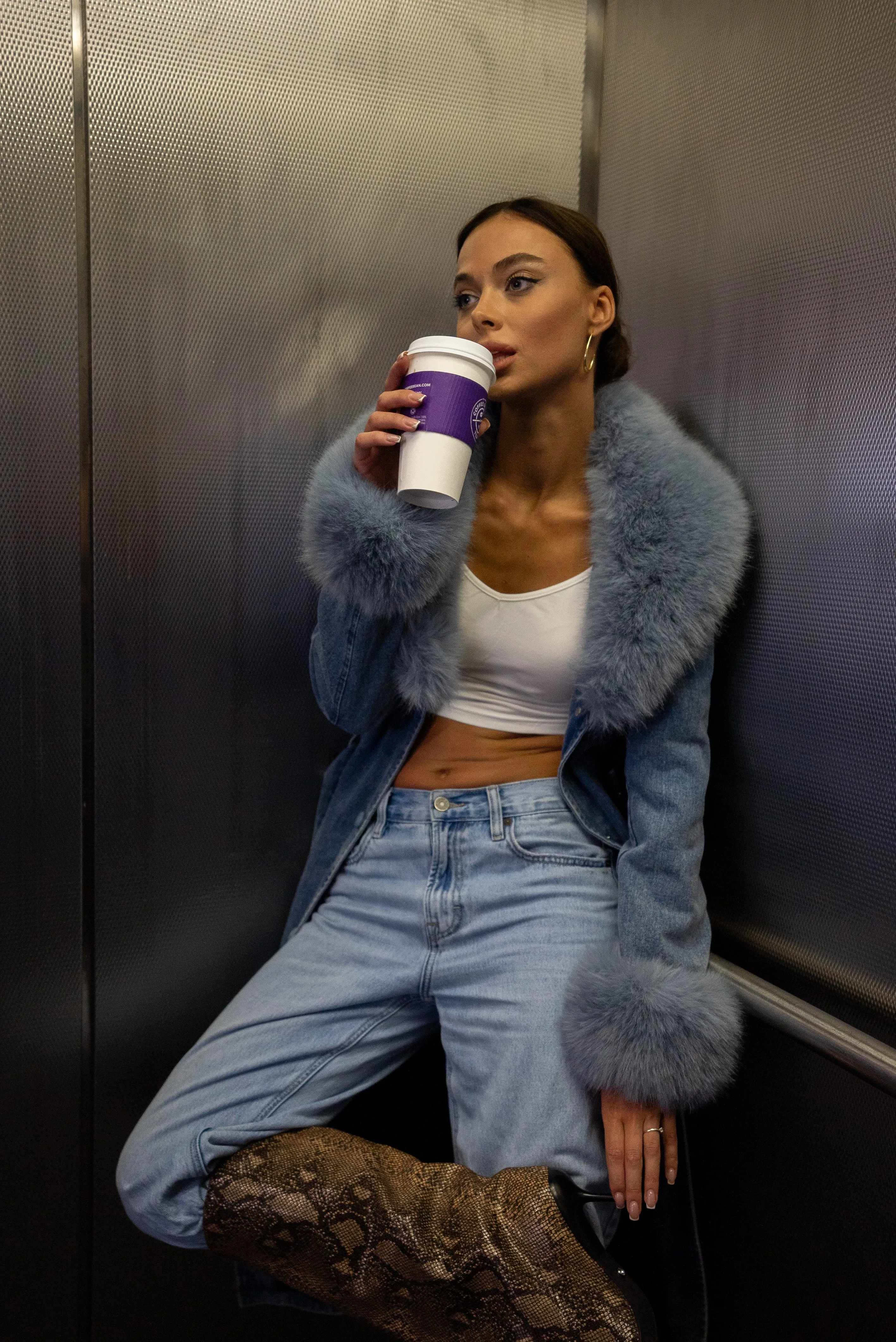 KAYA-DENIM FAUX FUR JACKET